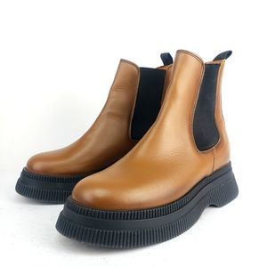 Ganni Womens Ankle Leather Boots Chelsea Platform Brown